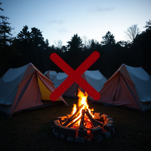 Rents at dawn in woodland with camp fire. The tents are crossed out in red